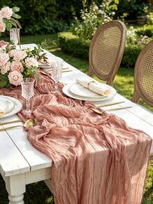 1pc Coral Pink Chiffon Ruffle Design Table Runner, Solid Color Tablecloth, Suitable For Holiday, Graduation, Birthday Party Decor, Wedding Accessories, Family Holiday Party Table Decor, Baby Shower, Bridal Shower Tablecloth, Party Table Runner, Cheese Cloth Table Runner, Table Decor - Coral Pink - View 7