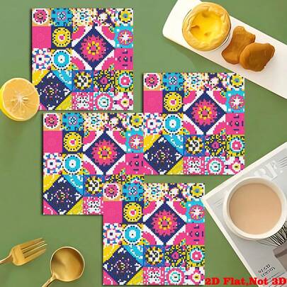 4pcs Elegant Diamond Painting Placemats Set, DIY Bohemian Style Mosaic Pattern Placemats With Precision Cut Square And Round Diamonds, Waterproof And Durable, Suitable For Family Gatherings, Indoor Dining, Kitchen, Parties, Camping, Table Holiday Decor, Diamond Art Painting Set As Gift For Home, Friends, Valentine's Day, Mother's Day, Christmas, Holiday Parties