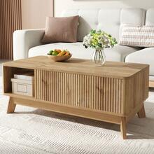 Coffee Table With Lifting Function, Wavy Design, Open Side Storage, Made Of Medium-Density Fiberboard, Modern Style. - Natural Wood Color - View 2