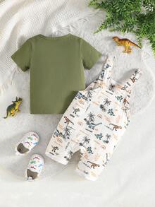 婴幼儿男童夏季条纹卡通时尚休闲套装，纯色短袖上衣+可爱恐龙背带裤，2件套 - 綠色 - 查看 2