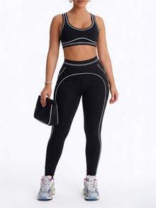 LovelyWholesale Women's Contrast Trim Cropped Tank Top And Leggings Set, Suitable For Fitness And Sports - Black - View 3