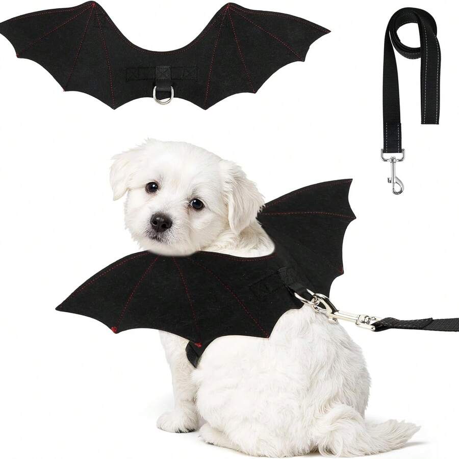 1 Set Disfraz de Halloween para perro, Disfraz de murciélago para perro, Alas de murciélago con correa para mascotas pequeñas para fiesta de Halloween - Negro - Ver 1