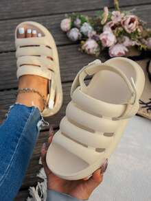 Women's Fashion Casual Comfortable Thick-Soled Slippers, Adjustable Heel Strap, Solid Color Minimalist Versatile Indoor Outdoor Sandals - Beige - View 8