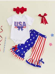 Baby Girl Independence Day Outfits Letter Short Sleeve Romper With Star Stripe Flare Pants And Bow Headband 3 Pcs Set - 白色 - 查看 7