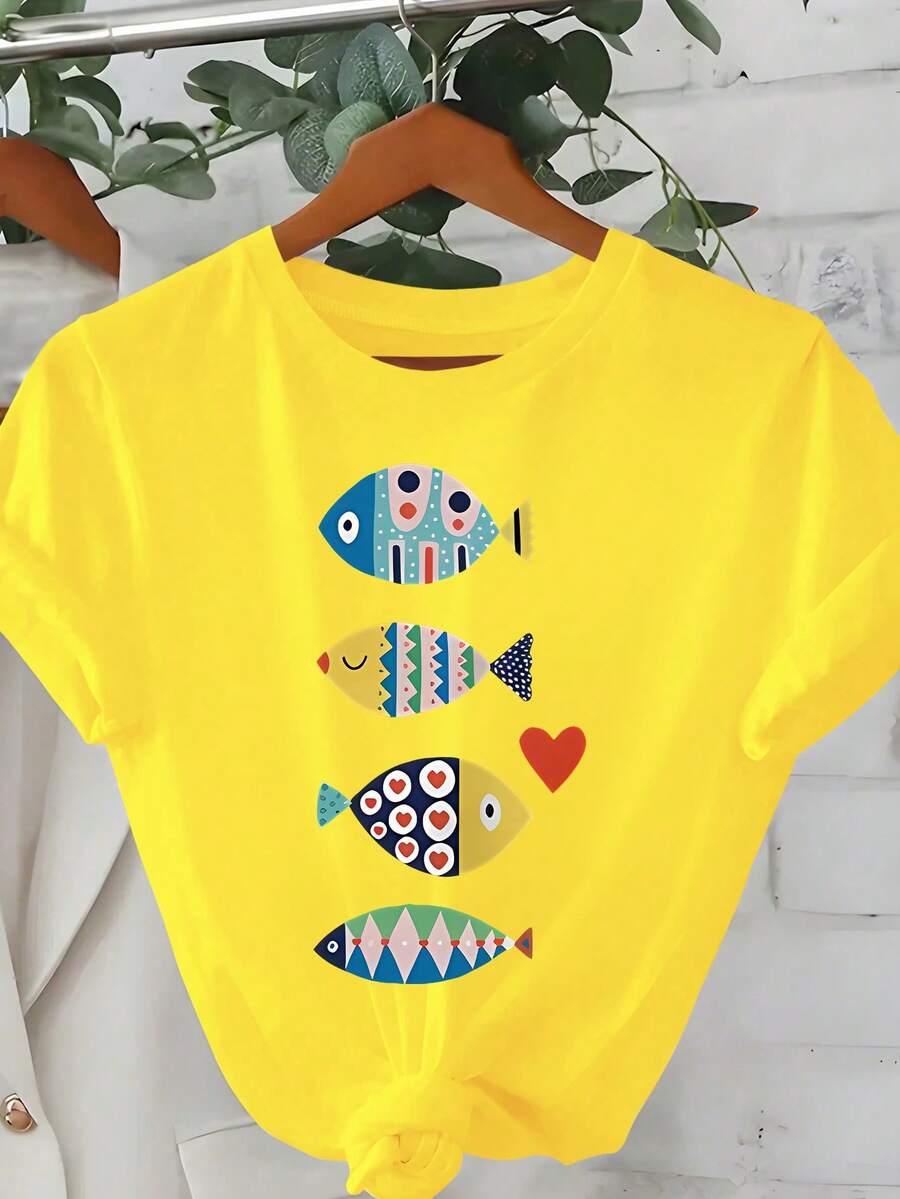 Plus Size Colorful Fish Print Round Neck Short Sleeve T-Shirt High Elastic Fabric Casual - Yellow - View 1