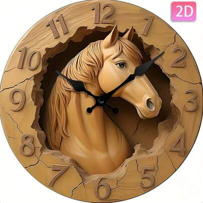 1 chiếc đồng hồ treo tường hình ngựa bằng gỗ 2D phẳng, mặt số tròn, chạy bằng pin (không bao gồm pin AA), núm vặn phẳng, thích hợp trang trí phòng khách, phòng ngủ, phòng ngủ cho khách, nhà và văn phòng, quà tặng thời trang sáng tạo.