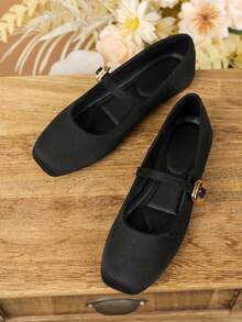 Retro Square Toe Mary Jane Shoes, Strap Flat Shoes For Dress - Black Velvet - View 4