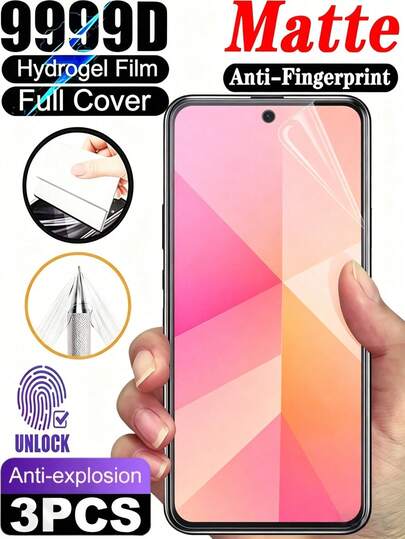 3片装超高清磨砂水凝胶膜，防眩光防指纹手机屏幕保护膜，兼容华为系列，防爆防刮，划痕自动修复保护膜，支持指纹识别