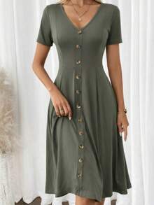 Women's Elegant V-Neck Short Sleeve Single-Breasted Ruffle Hem Dress, Suitable For Dates - Green - View 3