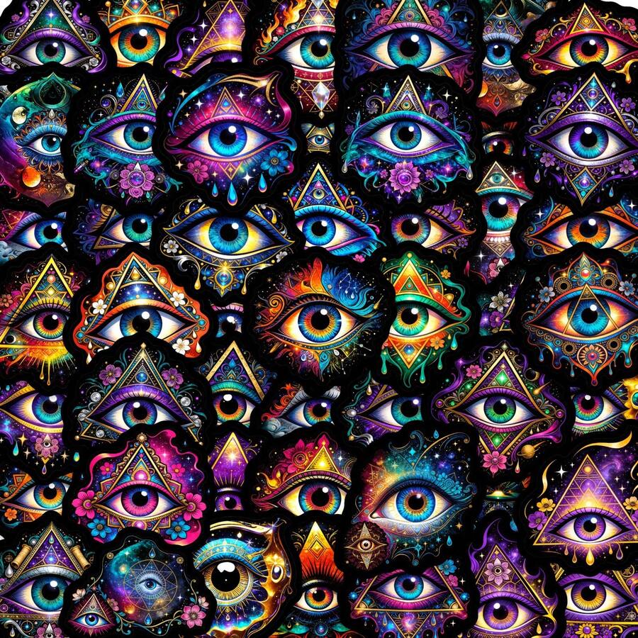 25 piezas Surtido de pegatinas vintage de ojo que todo lo ve, estilo retro fantástico, colores vibrantes, diseños diversos, llenos de estética mística, muy decorativas para equipaje, portátil y resistentes al agua - Multicolor - Ver 1