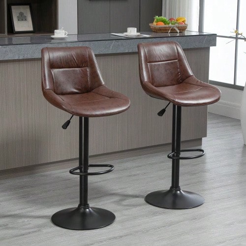 Set Of 2 Bar Stools, Height Adjustable Counter Stools With Backrest, Bistro Swivel Stools Made Of Brown Faux Leather, Ideal For Kitchen And Bar. - Brown - View 1
