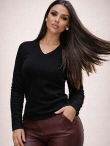 Long-Sleeved Flannel Blouse For Women, Ribbed Knit, V-Neck, Casual, Elegant, Chic, Basic, Comfortable, Warm, Fashionable, , Autumn/Winter 2026, Burgundy. - 黑色 - 查看 5