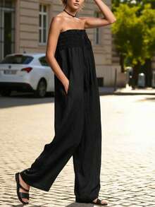Hàng mới về, bộ jumpsuit đen cổ yếm cho nữ, thích hợp cho lễ Phục Sinh và Ngày của Mẹ, quần ống rộng tối giản thanh lịch mùa hè có túi, trang phục thường ngày tiện dụng. - màu đen - Xem 5