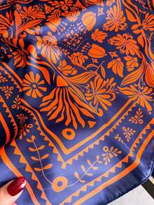 1pc Women's Elegant Retro Printed Lightweight Satin Square Faux Silk Scarf, Bohemian Style Casual Ladies Neck Scarf, Shawl, Thin & Comfortable Women's Headscarf, Suitable For Spring/Summer Daily Wear And Outings - 水鴨藍 - 查看 3