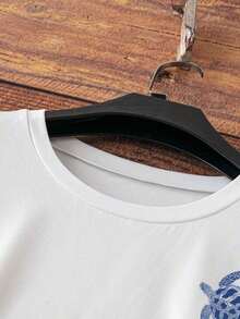Camiseta holgada de manga corta con estampado de lazo y hombros anchos, de estilo casual para el verano - Azul y blanco - Ver 4