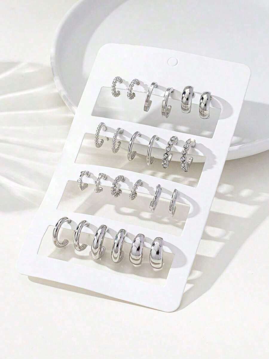 24pcs/Set Minimalist Crystal Stud Hoop Earrings, Fashion Jewelry Set For Women, Casual, Date, Holiday, Gift For Couples - 銀色 - 查看 1