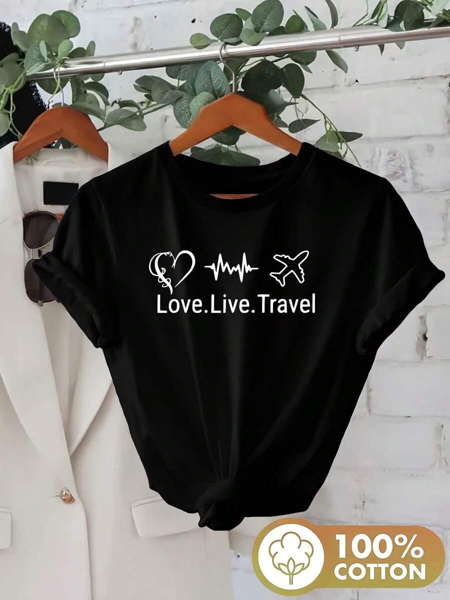 Women's Summer Short Sleeve Round Neck T-Shirt, Comfortable Relaxed Fit, "Love Live Travel" Text Print, Versatile Cotton Top For Outings And Weekends, Women's T-Shirt With Airplane And Heart Design - 黑色 - 查看 1