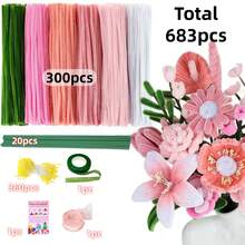 Bộ 683/983 que làm hoa thủ công, 6 màu sắc khác nhau, kèm video hướng dẫn, bộ dụng cụ làm hoa với thân nhung, dây kẽm và băng dính, tự làm bó hoa, quà tặng Valentine thủ công và đồ trang trí tiệc (Màu hồng, 30cm x 7mm) - Bộ hoa màu hồng - Xem 13