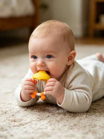 1 pièce Anneau de dentition en silicone pour bébé en forme de canard, facile à tenir pour les bébés. Jouet de dentition pour les nourrissons pour développer la préhension et la force de morsure