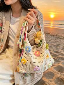 Handmade Crochet Grandmother Plaid Shoulder Bag, Colorful 3D Floral Woven Tote Bag, Bohemian Style Beach Bag, Hollow Knitted Vintage Bag, Dopamine Outfit Bag, Handwoven Bag, Large Capacity Underarm Bag For Summer, Elegant Crochet Handbag, Atmospheric Travel & Photo Prop Bag - Multicolor - View 3
