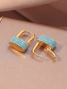 ZHIXUN 1 Pair Elegant French Inlaid Imitation Turquoise U-Shaped Locking Earrings,Luxurious Design, For Women's Daily,Holiday,Party Wedding Accessories - Earring 1 - View 3