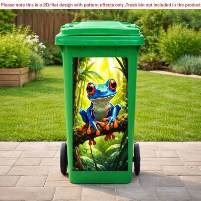 1pc 2D Flat Self-Adhesive Trash Can Sticker,Colorful Frog Trash Can Sticker, Cartoon Animal Bin Decal, Waterproof PVC Home Decor, PVC Material, Easy To Peel And Stick, Flat Art Sticker, Kitchen Storage