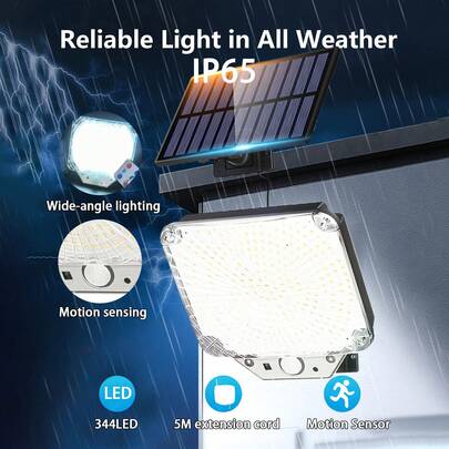Outdoor Solar-Powered Sensor Light | 344 LED White Light Floodlight | IP65 Outdoor Street Lamp | 5M Cable + Remote Control | 4 Modes Of Lighting Switching | Front Door Light / Garden Light / Exterior Wall Light / Garage Light / Commercial Street And Area Lighting | Father's Day Gift