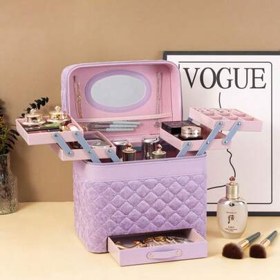 4-Opening Large Capacity Quilted Cosmetic Case With Drawer & Mirror, Multi-Tray Makeup Organizer With Handle, Portable Travel Toiletry Bag For Skincare, Brushes, Cosmetics, Stylish Storage Box For Women Girls, Ideal For Daily Use & Travel