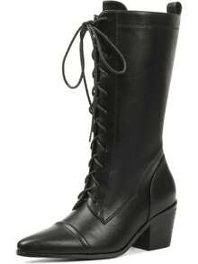 Women's Easter Leather Black Mid Calf Boots Lace Up Chunky Heel Vintage Combat Heeled Dress Casual Boots Country Concert Combat Boots For Women - 黑色 - 查看 7