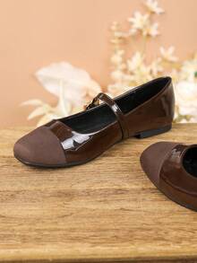 复古方头玛丽珍鞋，系带平底鞋，适合搭配正装 - 咖色絨 - 查看 5