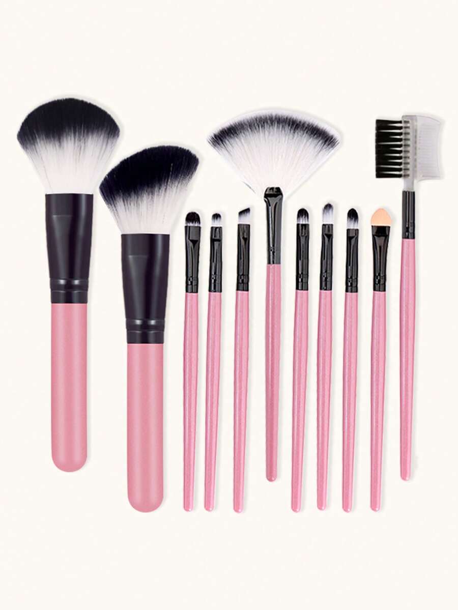 11pcs Pink & Black Portable Makeup Brush Set, Beginner Eyeshadow Brush, Powder Brush, Cosmetic Makeup Tools Full Set - Multicolor - View 1