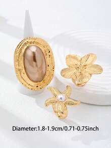 3pcs/Set Bohemian Style Hibiscus Flower, Starfish & Exaggerated Faux Pearl Rings Set, Suitable For Summer Vacation Beach Outfits, Bikini Accessories - Gold - View 3