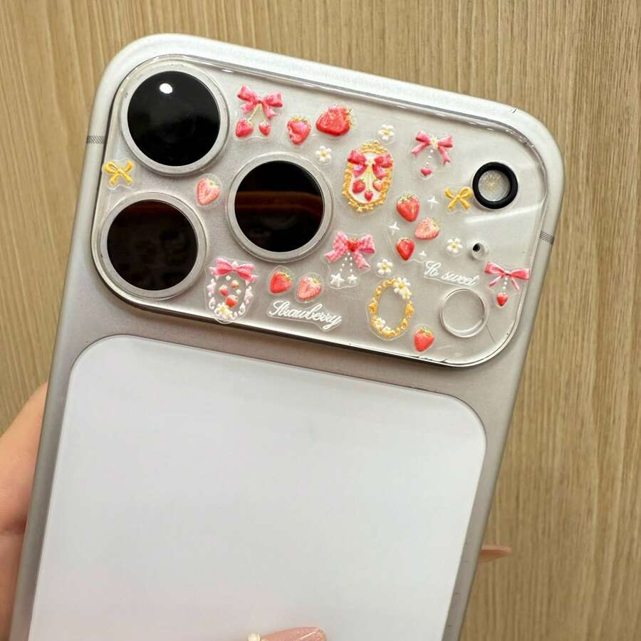 Miếng dán màn hình điện thoại Sweet Sister Strawberry Love, tương thích với Apple 17 Pro/17 Pro Max, bảo vệ toàn diện khỏi trầy xước. - Miếng dán ống kính trong suốt + hình dán quả dâu tây - Xem 1