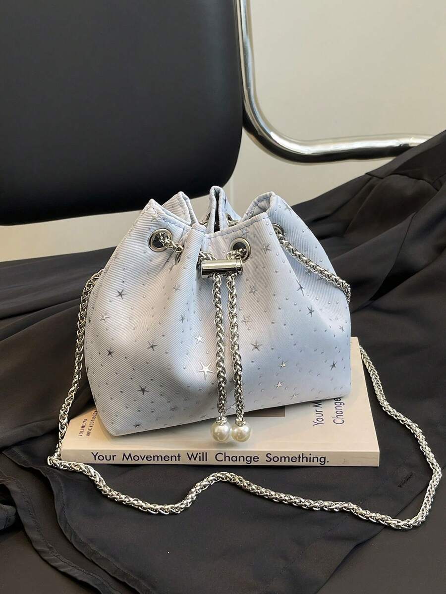 1个尼龙纯色抽绳链条水桶包，星月图案斜挎单肩包，时尚珍珠装饰，女士款 - 淺藍色 - 查看 1
