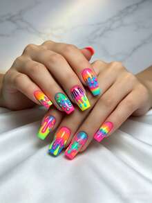24Pcs Set Medium-Long Press On False Nails, Glossy Full Cover Acrylic Fake Nails, Reusable Design For Holidays Parties Dates Daily Wear, Ideal Nail Art Gift For Women & Girls With Jelly Gel & Nail File - 彩色塗鴉 - 查看 3
