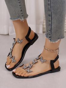 Teen Glitter Butterfly Ankle Strap Flats - Crystal & Pearl Dressy Sandals - Black - View 2