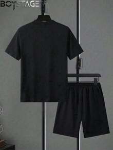 BOYSTAGE Men's Black Printed T-Shirt And Shorts Set, HUK Lettering And Fishing Pattern Print, Street Style Fashionable Casual Outdoor Clothing, With Pockets And Drawstring Waist Pants, Printed T-Shirt, 2026 New Casual Men's Set, Suitable For Everyday Casual Wear - Black - View 3