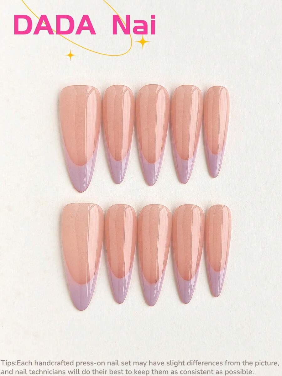10片手工美甲贴纸，杏仁形长指甲，法式美甲，紫色指甲，裸色指甲，简约优雅美甲贴纸，按压式假指甲，全覆盖美甲贴纸，DIY美甲，美甲用品，适合所有季节，是女性旅行、派对、约会的理想之选，可移除且可重复使用，也适合日常办公佩戴。