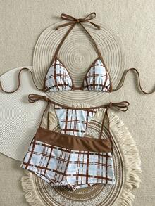 Ensemble de bikini à carreaux sexy avec dos nu et décolleté pour femmes, avec short de bain. Maillot de bain de plage à haute élasticité - Multicolore - Voir 3