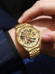 Reloj automático de lujo vintage para hombre, con mecanismo a la vista, caja redonda, grabado tallado, decoración brillante, correa de acero inoxidable, resistente al agua. Perfecto para uso diario y como regalo. - Dorado - Ver 4