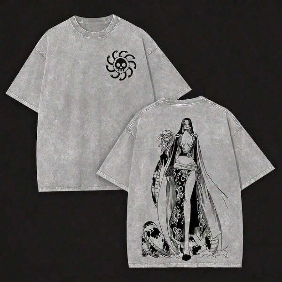 Vintage Washed One Piece Boa Hancock Oversized Graphic Tee, Retro Anime Snake Pirates Print Distressed T-Shirt, Casual Streetwear For OP Fans, Anime Shirt, Mens Clothes, Mens T Shirts, Y2k Clothes, Unisex Casual Streetwear Japanese Anime T-Shirtssummer Outfits For Women100 Percent Cotton Summer Tops - 灰色 - 查看 1
