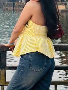 Women Sleeveless Plaid Halter Neck Tops - Yellow - View 2