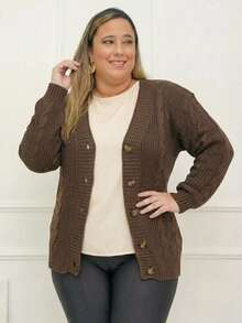 Women's Cardigan, Braided Knit, With Buttons, Casual And Comfortable. - 鏽棕色 - 查看 1