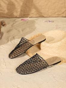 女士绳编凉鞋，露趾平底凉鞋。女士透气编织拖鞋，纯色度假风网眼拼接沙滩派对室内外春夏款 - 黑色 - 查看 6