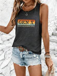 Women's Vintage Gen X Retro Sunset Print Tank Top, 180G Vest Casual Summer Top,Gen X Aesthetic Tees, Festival Outfits For Women,Country Concert Outfit - 深灰色9 - 查看 2