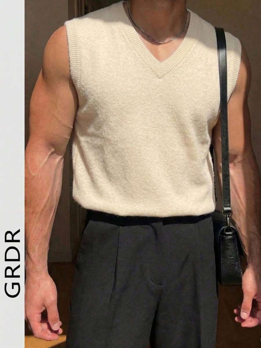 GRDR 男士纯色V领休闲百搭针织背心，秋冬款