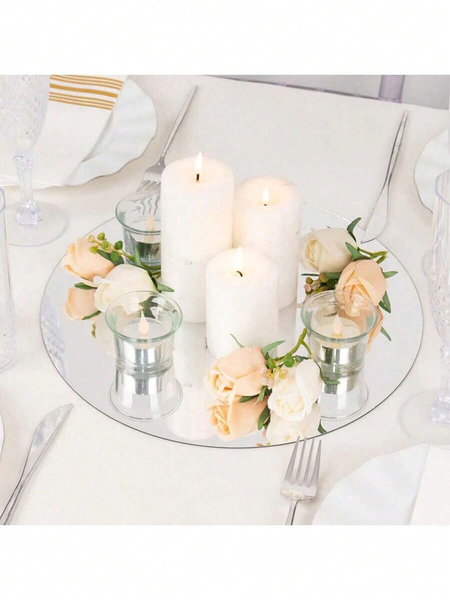 1pc Acrylic Circular Mirror Dining Mat, Silver Shatterproof Mirror Coaster, Circular Wedding Mirror Wall Sticker, Party Wedding Desktop Candle Tray, Candle Holder, Suitable For Center Decoration And Wedding Decoration - Multicolor - View 1