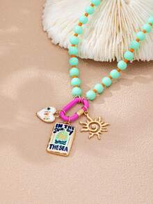 1/3pcs Bohemian Style Colorful Beaded Necklace With Palm Tree & Sunburst Pendant, Enamel Carabiner Charm, Summer Beach Vacation Jewelry - Multicolor - View 10