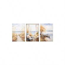 3 Stück Aquarell Küsten Strand Leinwandkunst, Strandpromenade Fensterblick Boot Drucke, neutrale Boho Dekoration für Wohnzimmer Schlafzimmer, moderne Küsten Heimdekoration, ohne Rahmen - 821 - Übersicht 11