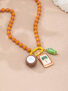 1pc Bohemian Style Coconut Tree & Fish Pendant Necklace For Women, Beaded Decor Summer Beach Holiday Fashion Jewelry - Coconut Fish Pendant Necklace - View 4